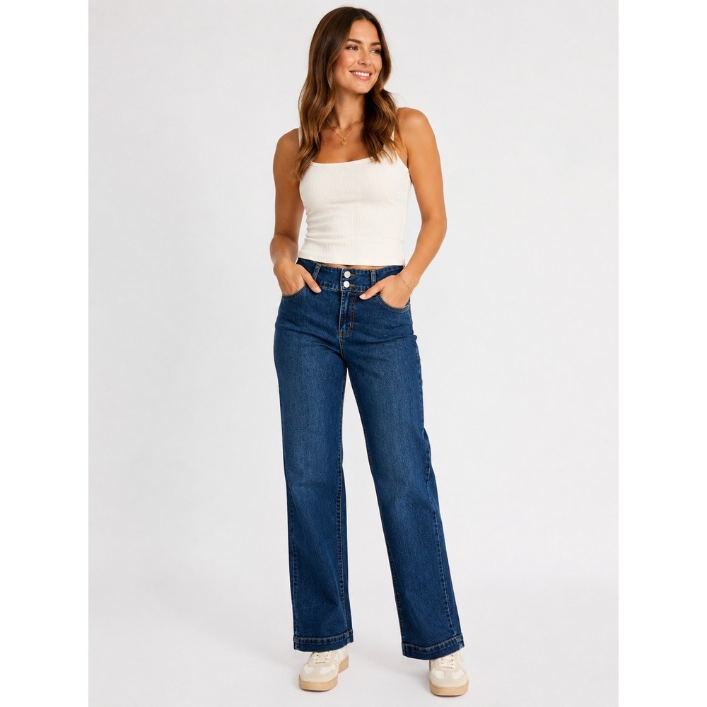 Flamingals Straight Leg Jeans Women Size M Dark Blue Excellent Stretch Denim
